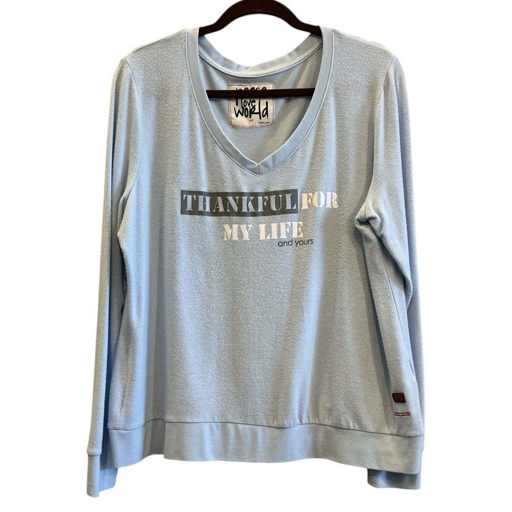 Peace Love World Light Blue Graphic V-Neck Pullover